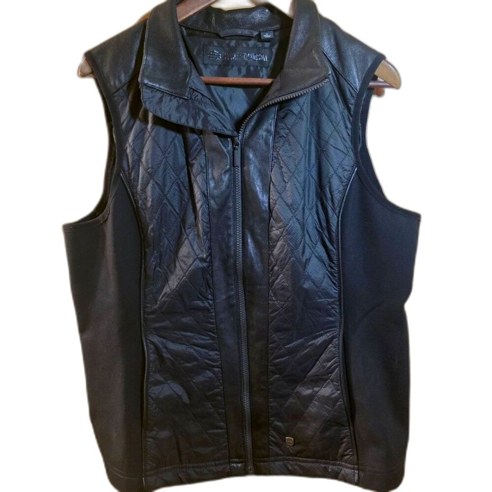 Harley Davidson Motorcycle XL Black Quilted Faux Leather Vest Stretch Panels